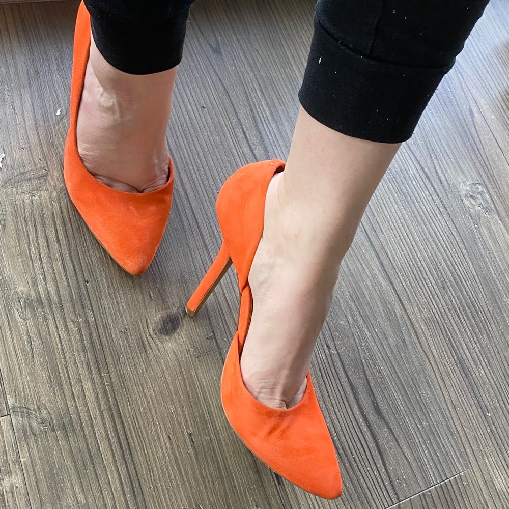 BCBG Paris orange suede heels